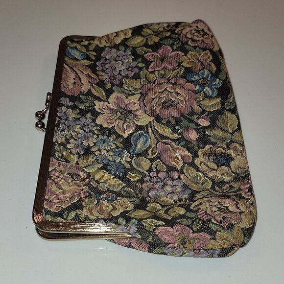 Floral Tapestry Vintage Snap Clutch Bag Lined Hangbag Gold Tone Trim - Picture 4 of 8